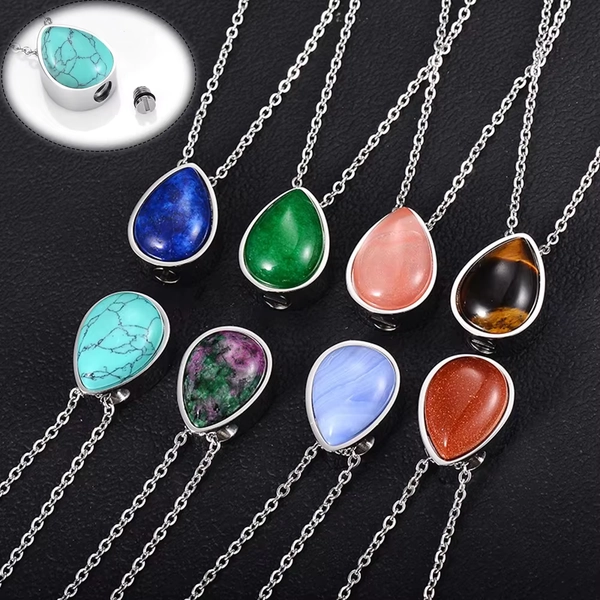 Fashion Natural Stone Cremation Necklace for Ashes Water Drop Shaped Base Urn Keepsake Pendant Stainless Steel Jewelry