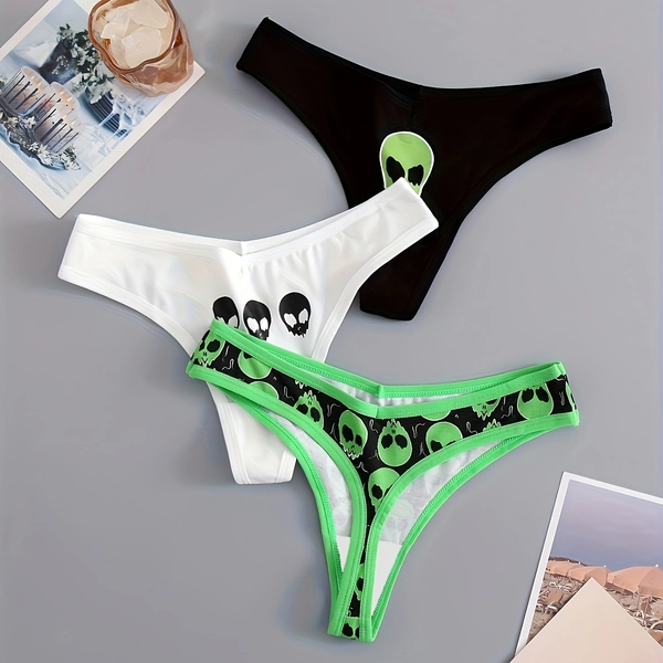 3pcs Skull Print Women's Thong Comfortable Low-Rise Briefs