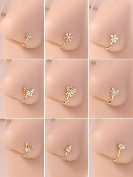 KARYOKO 1Pc/9pcs Faux Nose Cuff Non Piercing Inlaid Cubic Zirconia Clip On Nose Ring Moon Butterfly Shape Nose Ring Fake Nose Cuff For Women Silver Gold Color