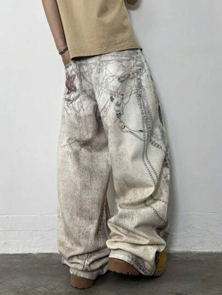 1pc Men's American Vintage High Street Digital Print Washed Loose Fit Fashionable Jeans, Casual Wide Leg Pants
