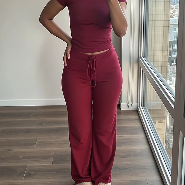 Women'S Two-Piece Set - Green Short Sleeve Top & Wide-Leg Pants with Drawstring Waist, Casual All-Season Outfit, Comfortable Home Wear, Casual Attire|Casual Style|Short Sleeve Top, Women Two Piece Set, Women Clothes, Women Outfit, Top For Women Stylish, Co Ord Set Women, Autumn Clothes Women