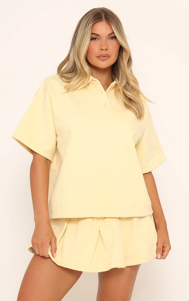 Short Sleeve Polo Collar Detail Oversized Sweatshirt In Yellow