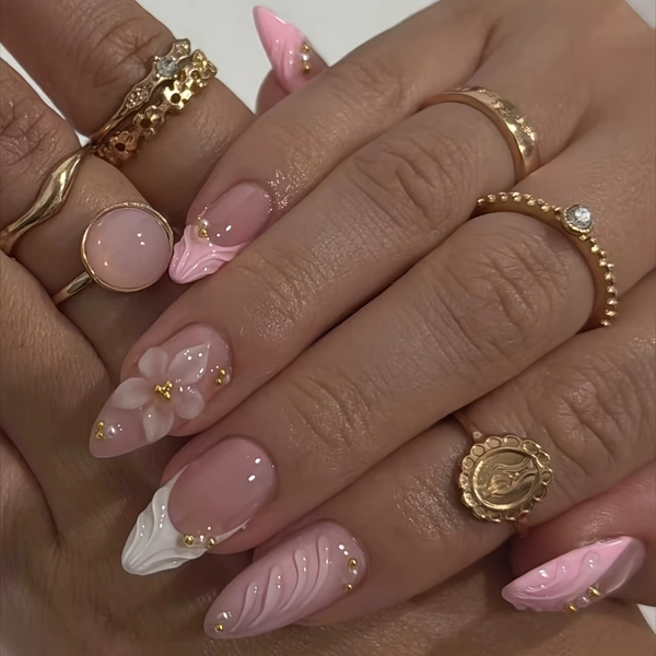 24pcs 3D Flower French Almond Nail Stickers - Pink, White & Golden Pearl Design with Jelly Glue File, Full Coverage Artificial Nails for Women &, Almond Shape, Medium Length, Glossy Finish, Nail Art Accessories, Nail Art Supplies, Elegant Nail Design, Durable Nail Stickers