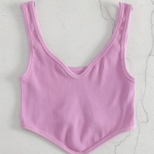 Fly Stride Seamless Ribbed Corsetry Shape Fashion Crop Tank Top | V-Neck, High Stretch, Sleeveless, Casual Basic, All-Season, Mermaid Hem, Rib- Detail