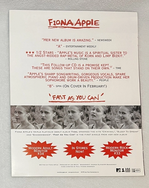 Fiona Apple Fast As You Can / Macy Gray  1999 Hits Magazine Ad