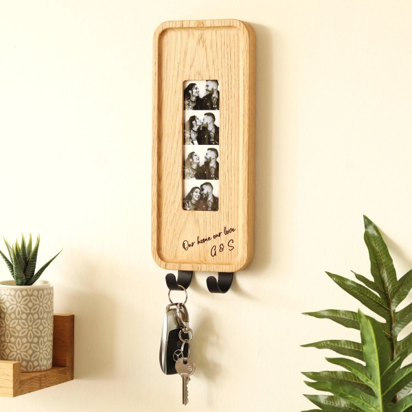 Personalised Solid Oak Photobooth Strip Frame With Key Hook Or Hooks