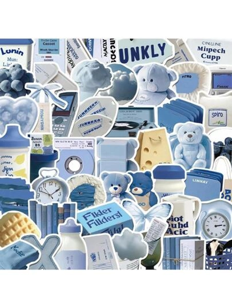 50pcs Blue Cartoon Style Waterproof Inspirational Cute Sticker For Vintage Bullet Journal Decoration, Suitcase, Laptop, Tablet. [Certified For Children]Tablets For Kids,Blue Cute Stickers,Motivational Stickers,Stickers,Blue Stickers,Cute Stickers