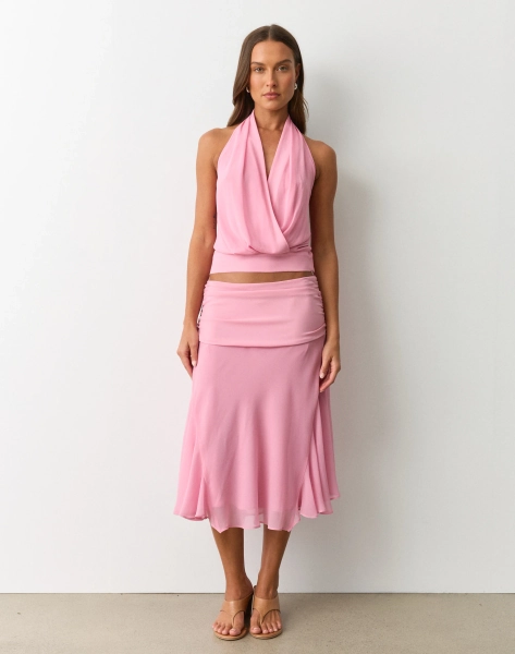 Ruched Chiffon Midi Skirt