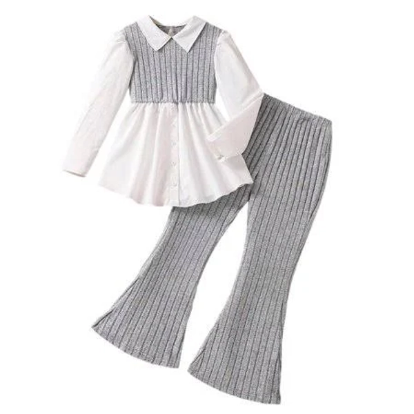 Big Girls Knitted Long Sleeve Top and Flared Pants Outfit