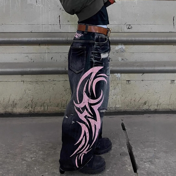 2026 Spring and Autumn New Printed American Retro Pattern Men's and Women's Washed Jeans Wide Leg Pants