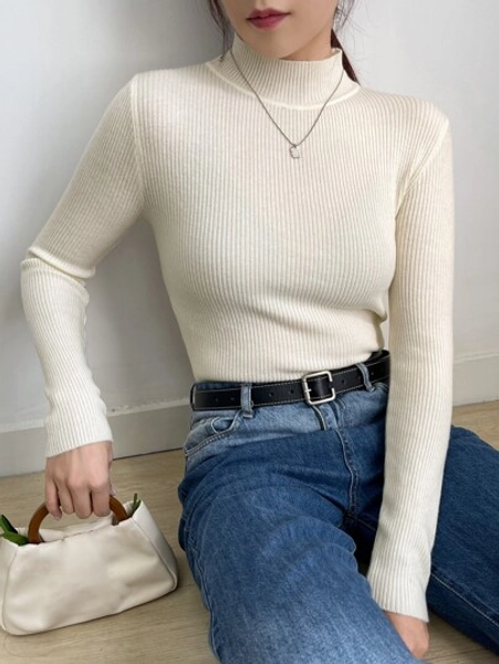 DAZY Women's Solid Stand Collar Long Sleeve Casual Business Pullover Sweater, Autumn,Long Sleeve Tops,Fall Women Clothes