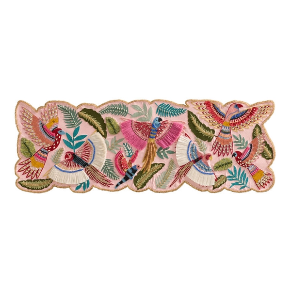 Pink Multicolor Tropical Bird Embroidered Beaded Table Runner
