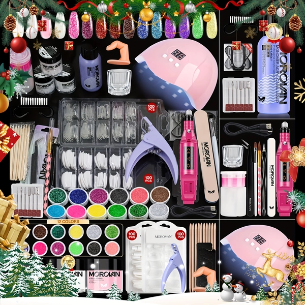 MOROVAN Value Manicure Set: This Set Includes Pink, Clear, And White Acrylic Powders, Nail Clippers, A Lamp For Nail Polish, A Drill, And 12 Colors Of Glitter. This All-in-one Solution Makes Creating A Christmas Nail Art Gifts A Breeze.