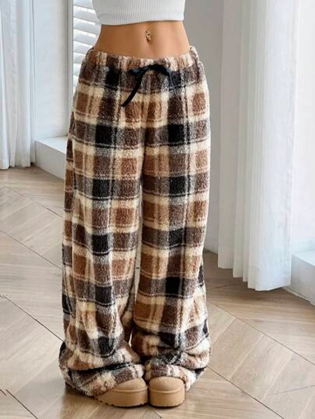 Women's Casual Plaid Front Tie Waist Pants, Daily Wear