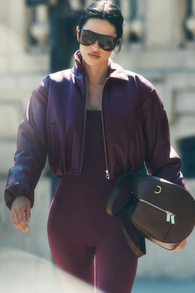 Faux Leather Cropped Premier Bomber - Burgundy