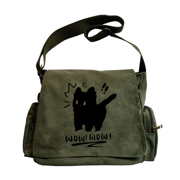 Women's Vintage OMG Cat Print Messenger Bag - Large Capacity Crossbody Tote with Adjustable Strap, Zipper Closure & Durable Polyester, Military Green Shoulder Bag for Shopping, Travel, Dining - Unique Gift Idea, Travel Tote, Playful Design, Smooth Texture