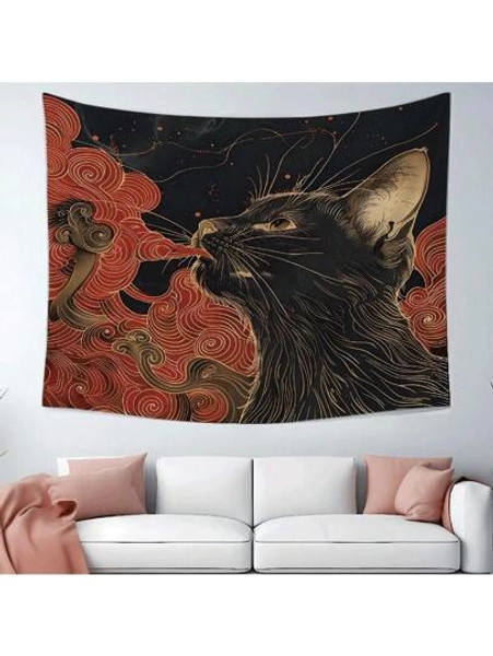 1 Pc Asian Ukiyo Art Japanese Cat Swallowing Clouds Wave Fabric Fun Tapestry Wall Hanging With Accessories, Home Dormitory Bedroom Wall Decor