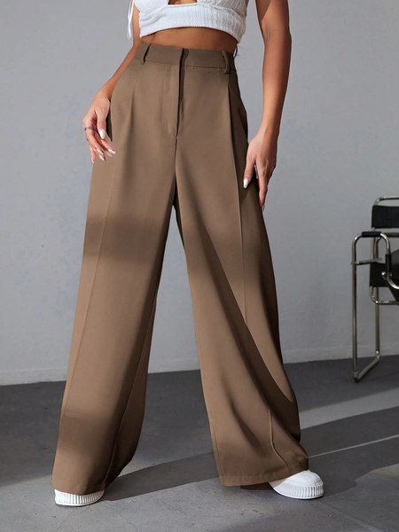 SHEIN EZwear Calça Casual Solta de Perna Larga com Cintura Alta e Pregas em Cor Sólida para Mulheres
