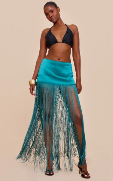 Teal Satin Extreme Tassel Trim Mini Skirt
