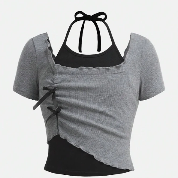 SHEIN Tween Girls Halter Neck Slim Fit Crop T-Shirt