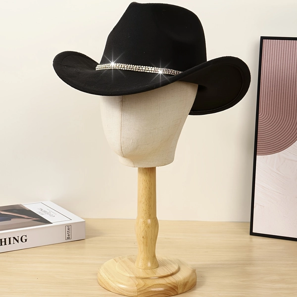 1 Unisex Rhinestone-trimmed Fashion Western Cowboy Hat, Polyester Felt Hat, Lightweight All-season Neutral Style Hat, Suitable for Travel, Parties, Western-themed Events, and Daily Wear