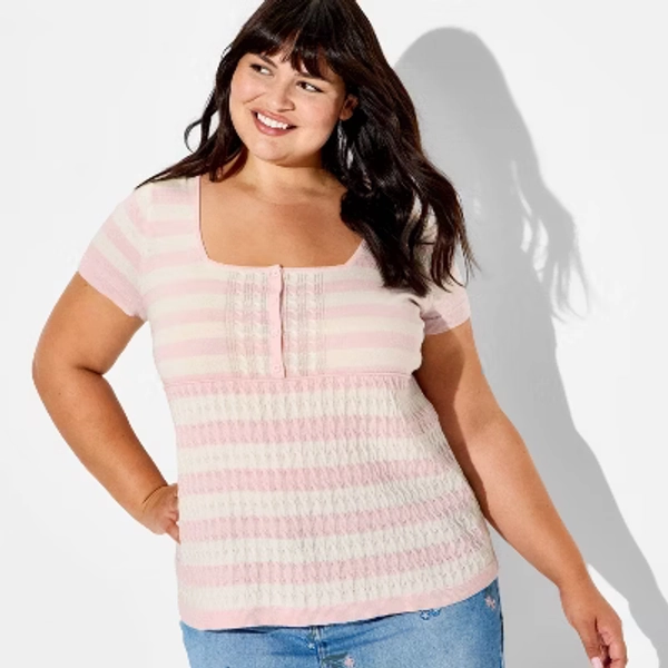 Women's Short Sleeve Babydoll Sweater - Wild Fable™ Pink Striped XXL