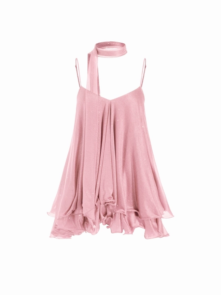 Sequin V-Neck Halter Ruffled Hem Oversized Mini Dress With Scarf