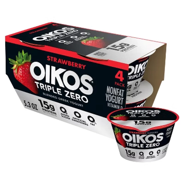 Oikos Triple Zero Strawberry Greek Yogurt - 15g Protein 4ct/5.3oz Cups: Gluten-Free, No Added Sugar