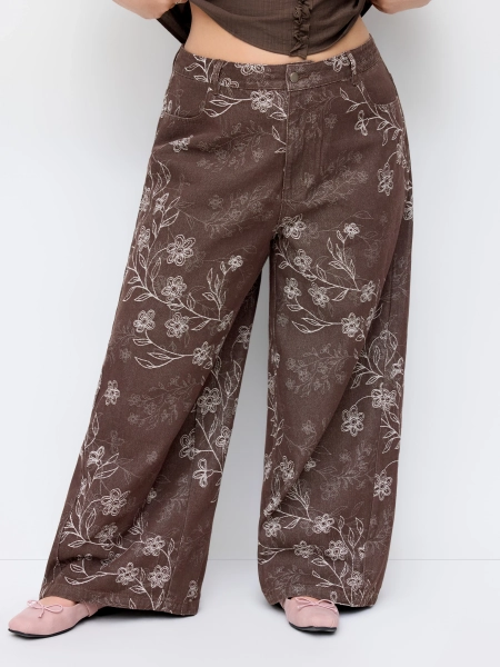  Cotton-blend Low Rise Floral Wide Leg Trousers Curve & Plus