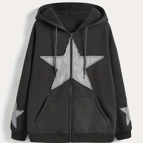 Directional Trendy Pattern Women'S Casual Hooded Sweatshirt, Retro Star Patchwork Contrast Zipper Sweatshirt, Geometric Pattern Sweatshirt, with Pockets, Fall Winter Casual Wear