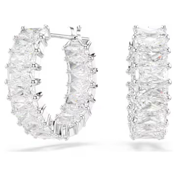 Matrix hoop earrings, Baguette cut, White, Rhodium plated