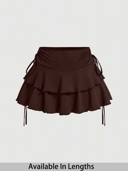 SHEIN PETITE CURVE Drawstring And Fold Detail Solid Color Cake Skirt Brown