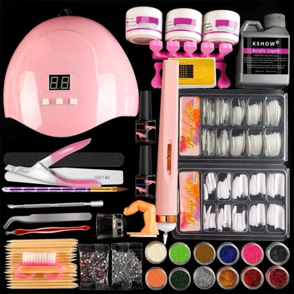DIY Nail Art Kit, Professional Acrylic Nail Kit with 12 Colors Glitter Acrylic Powder & EMA Liquid & Dry Lamp & Hand Rest & Accessories, Nail Art Kit