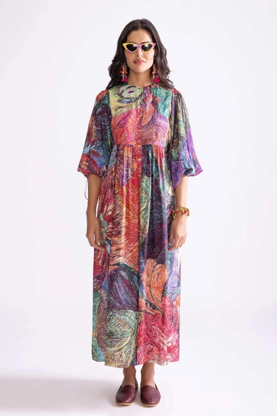 Multicoloured Daisy Print Habutai Sara Dress