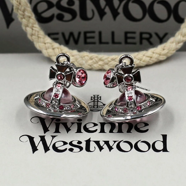 In Box 925 Silver Vivienne Westwood Earrings,Pink Crystal Ball Saturn Earrings,Gifts