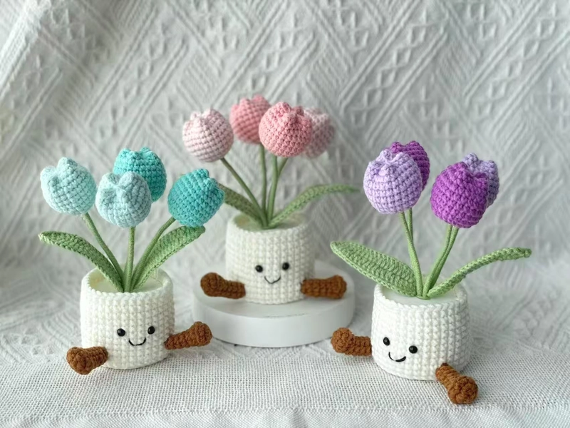 Handmade Crochet Tulip Flower Pot, Pink, Purple, Orange, or Blue, Cute Gift for Her, Girlfriend, Friend, Colleague, Crochet Rose Bouquet