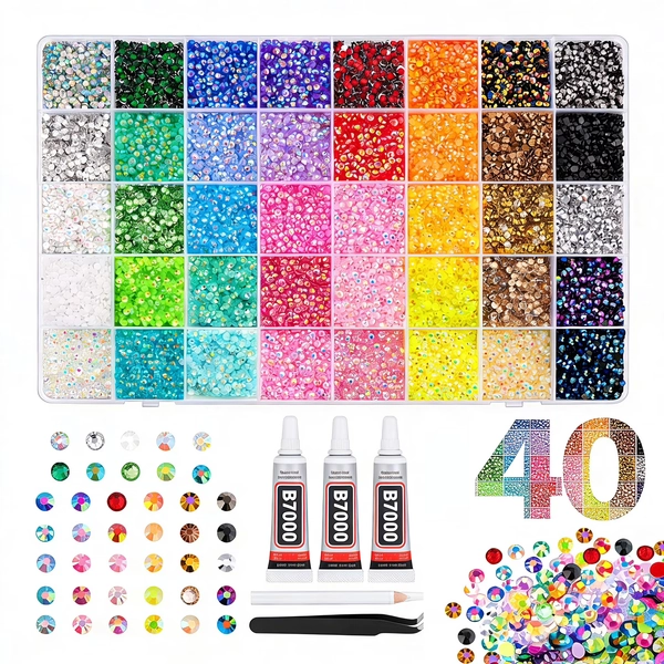40000Pcs 40 Colors Jelly Rhinestones for Bedazzling, 3mm Multicolor Resin Flatback Gems for Diamond Art, Bedazzler Kit with 3Pcs 10ml B7000 Jewelry Glue for Crafting Book Shoes Nail Art