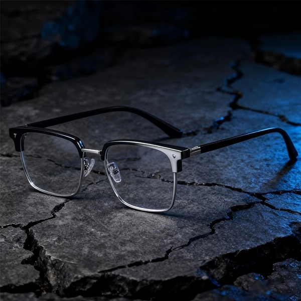 Men'S Dark Retro College Eyebrow Fashion Semi-Rim Flat Light Mirror Individual Trendy Square Frame Natural Glasses Unisex Metal Frame Glasses, Without Battery