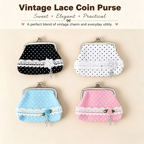 1pc Vintage Lace Women'S Mini Coin Purse, Cute Polka Dot Kiss Lock Card Case, Suitable for Key, Earphone And Lipstick Storage, Small Gift