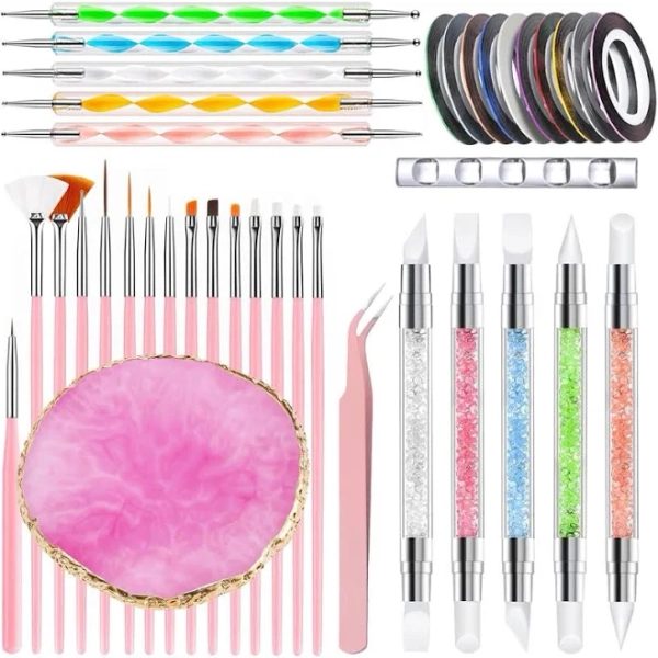 5/10/21/27/30/38 Piece Nail Art Brush Tool Kit, Includes Resin Nail Color Palette, Dual Head Carving Pen, Line Puller, Tweezers, Suitable for