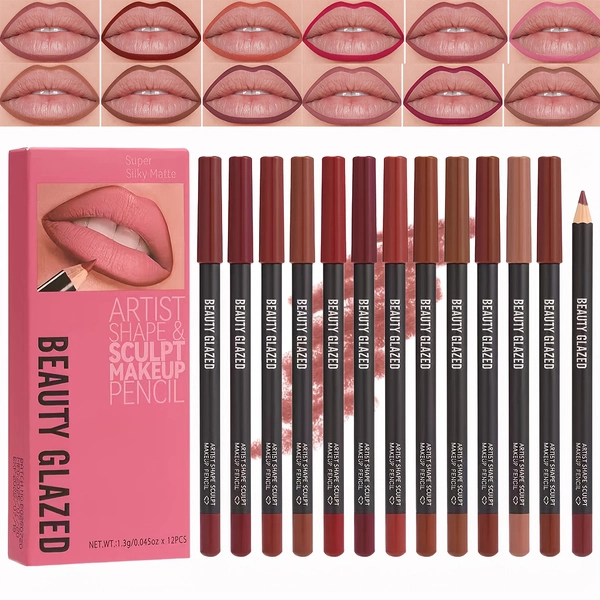12-Shade Matte Lip Liner Set - Waterproof, High-Pigmented Sculpting Pencils with Creamy Texture, Long-Lasting Matte Finish - All Light Beige Types (Pink, Brown, Burgundy, Nude, Black, Purple, Red, Deep Reds, Magentas,, Purples) - for Precise Lip Makeup, Contouring & Everyday or Dramatic Looks - Ideal for Beginners & Professionals