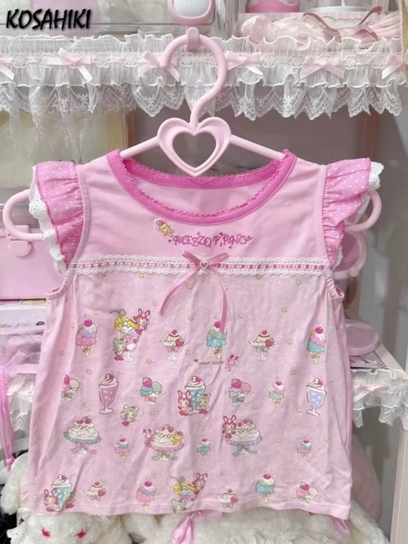 Japanese Girls Cartoon Print T-shirt Women Sweet Y2k Aesthetic Lace Patchwork Tops 2026 Grunge Kawaii Cute Feifei Sleeves Tees - AliExpress 200000345