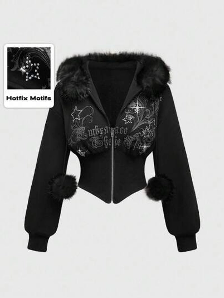 ROMWE Grunge Punk Y2K Subculture Retro Fitted Leopard Print Hooded Sweatshirt, Vintage Floral Print Rhinestone Embellished Women Sweatshirt