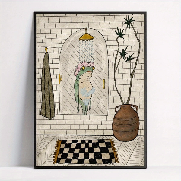 Charming Frog Bath Canvas Art Print - Unframed Retro Wall Decor for Living Room, Bedroom, and Home Office, Bathroom Decor, Poster, Bathroom Canvas Poster, Perfect for Room Decor