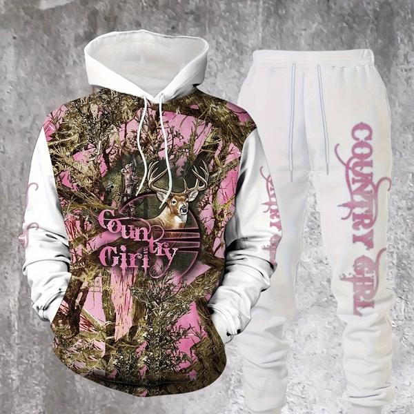 Country Girl Men's Hooded Sweatshirt Set?? Deer Camo Printed Pattern?? High quality Print?? Durable?? Casual Fashion?? Long Sleeve T shirt?? Country Style?? Breathable Fabric?? High quality?? Comfortable Outfit.