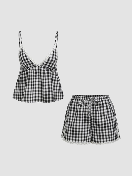 Woven Cotton-blend V-neck Lace Trim Cami Top & Mid Rise Gingham Shorts Loungewear Set For Bedroom