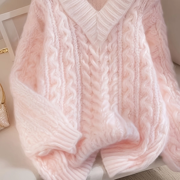 [Premium Twist Sweater] Premium Loose V-Neck Twist Sweater for Women | Gentle Pink Lazy Style