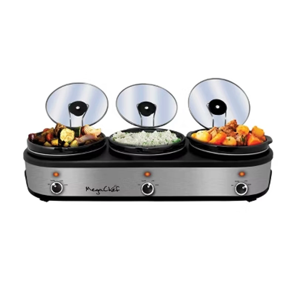 MegaChef Triple 2.5qt Slow Cooker and Buffet Server Stainless Steel