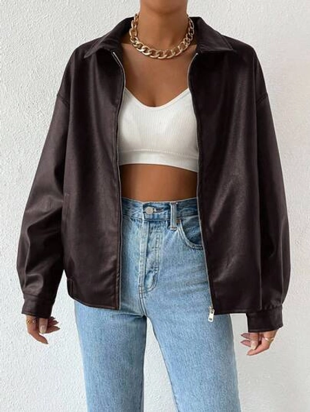 SHEIN EZwear Plus Size Casual Pu Leather Zip-Up Jacket, Loose Fit, Versatile, Spring/Autumn Winter Fall