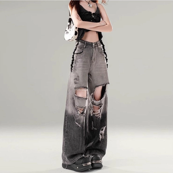 Black Gradient Ripped Wide-legged Jeans - Cherryourshop